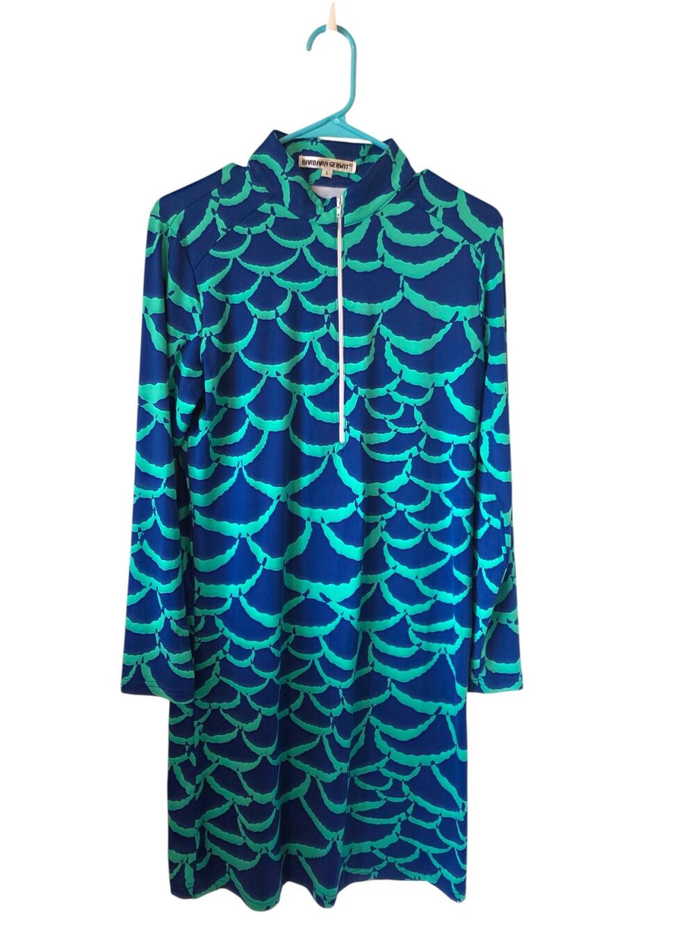 Barbara Gerwit  Womens Blue Green Scallop Print Dress Size Large Resort Wear